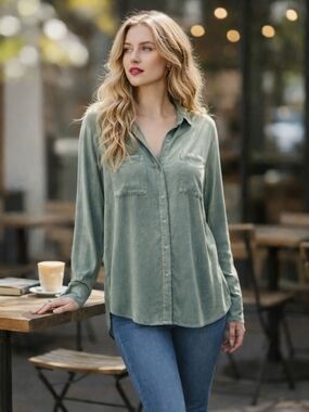 BeachLunchLounge  Green Mineral Washed Button up Top Roll-tab sleeves